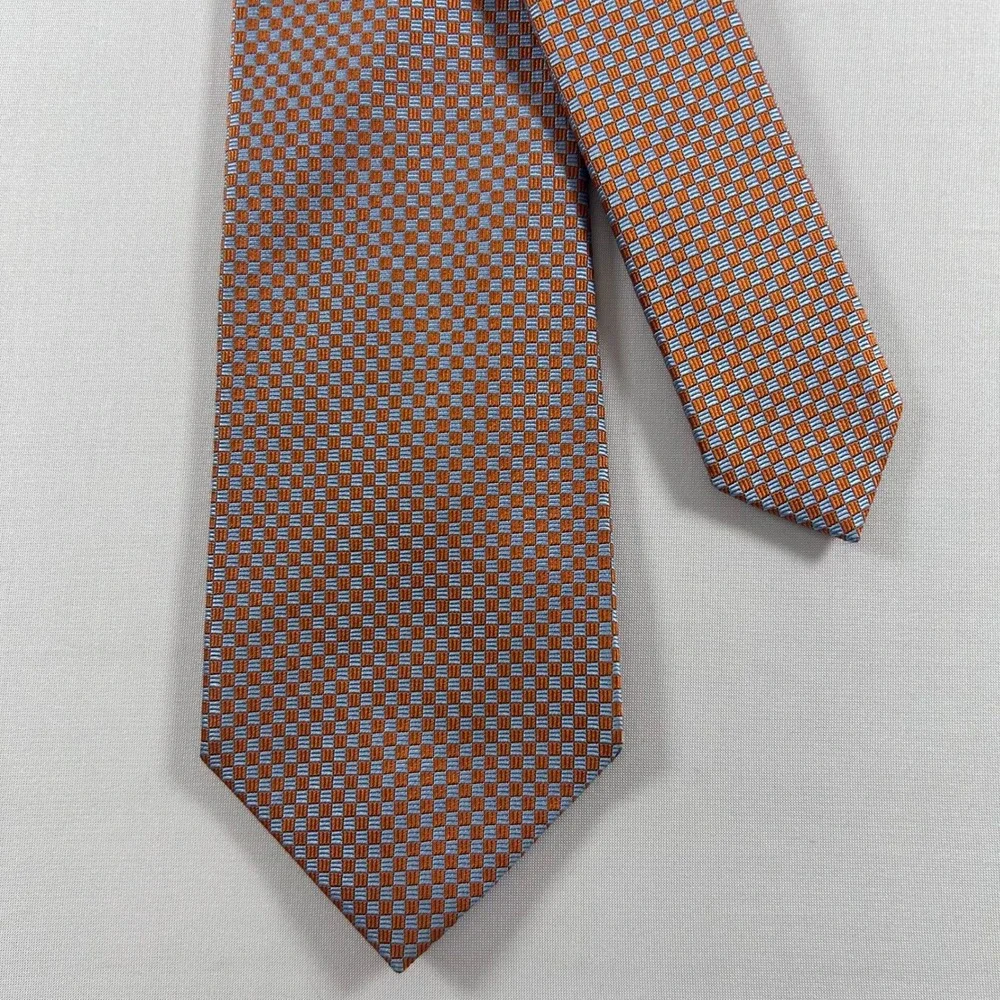 Drakes London Barneys New York Tie Mens Orange Blue Silk Check Handmade England